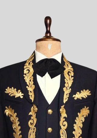 Men Custom Black Mariachi Charro Suit Gold Embroidered Mexican Outfit