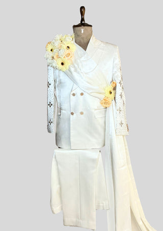 Men’s Ivory White Satin Embellished 3 Piece Suit with Rhinestones Double Breasted Blazer Groom Wedding Party Outfit