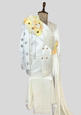 Men’s Ivory White Satin Embellished 3 Piece Suit with Rhinestones Double Breasted Blazer Groom Wedding Party Outfit