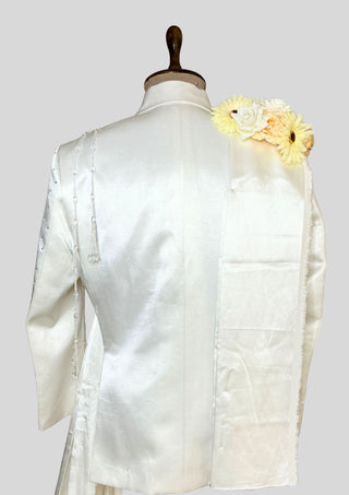 Men’s Ivory White Satin Embellished 3 Piece Suit with Rhinestones Double Breasted Blazer Groom Wedding Party Outfit