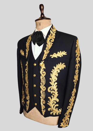Men Custom Black Mariachi Charro Suit Gold Embroidered Mexican Outfit