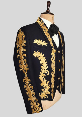 Men Custom Black Mariachi Charro Suit Gold Embroidered Mexican Outfit