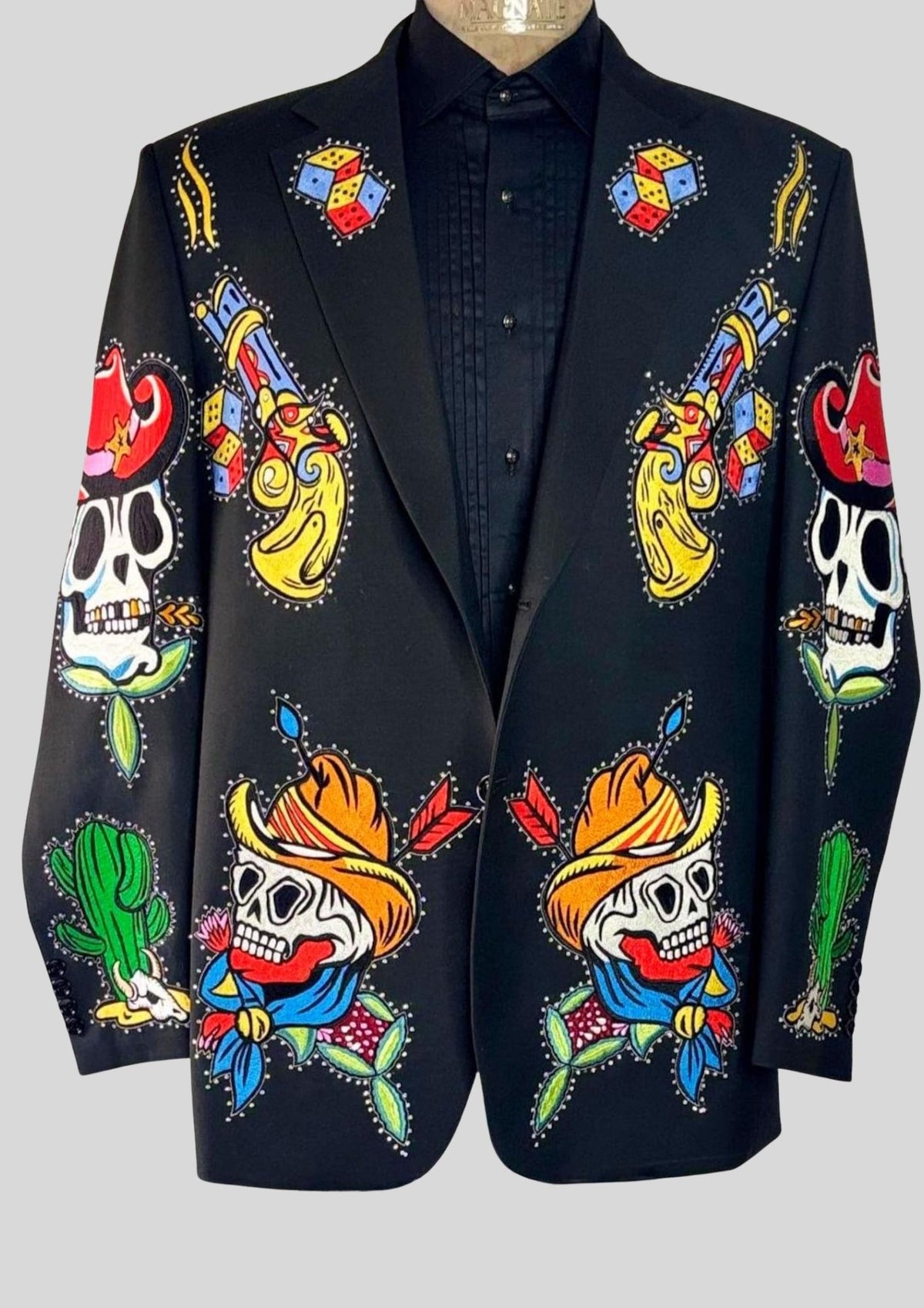 Men Bespoke Black Country Western 2 Piece Skeleton Gun Embroidered Theme party Outfit