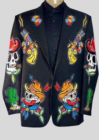 Men Bespoke Black Country Western 2 Piece Skeleton Gun Embroidered Theme party Outfit