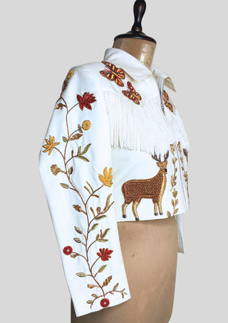 Hand Embroidered Women Ivory Country Western Cowgirl Fringe Jacket