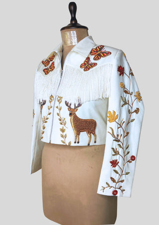 Hand Embroidered Women Ivory Country Western Cowgirl Fringe Jacket