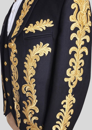Men Custom Black Mariachi Charro Suit Gold Embroidered Mexican Outfit