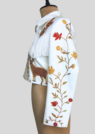 Hand Embroidered Women Ivory Country Western Cowgirl Fringe Jacket