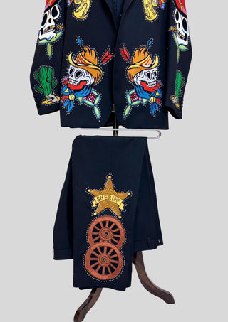 Men Bespoke Black Country Western 2 Piece Skeleton Gun Embroidered Theme party Outfit
