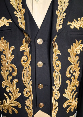 Men Custom Black Mariachi Charro Suit Gold Embroidered Mexican Outfit