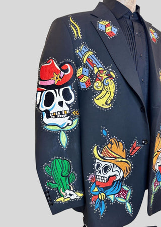 Men Bespoke Black Country Western 2 Piece Skeleton Gun Embroidered Theme party Outfit