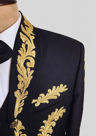 Men Custom Black Mariachi Charro Suit Gold Embroidered Mexican Outfit
