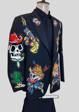 Men Bespoke Black Country Western 2 Piece Skeleton Gun Embroidered Theme party Outfit