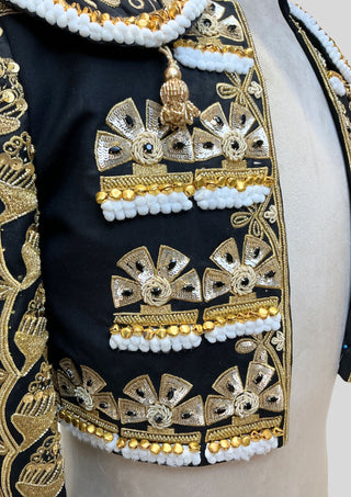 Men’s Luxury Matador Crop Jacket – Black & Gold Fully Embroidered Spanish Torero Bolero Jacket