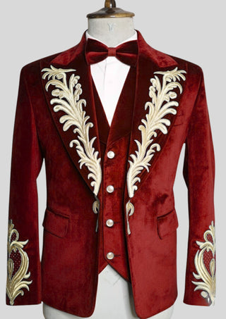 Men;s Maroon Velvet 4 Piece Embroidered Rococo Suit For Carnival Party Outfit