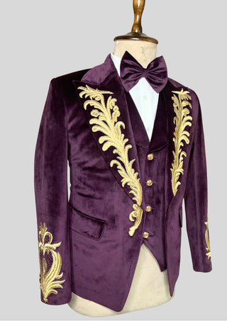 Men’s Purple Velvet Rococo 4 Piece Suit with Cape – Gold Embroidered Blazer, Waistcoat & Plain Pants