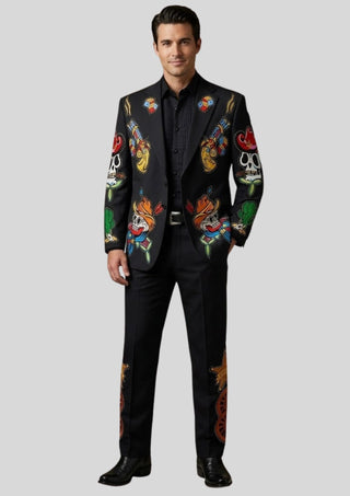 Men Bespoke Black Country Western 2 Piece Skeleton Gun Embroidered Theme party Outfit