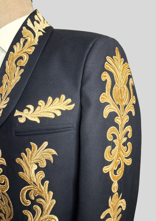 Men Custom Black Mariachi Charro Suit Gold Embroidered Mexican Outfit