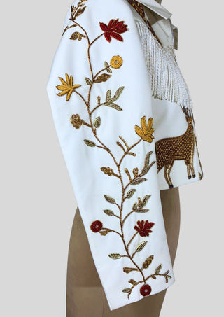 Hand Embroidered Women Ivory Country Western Cowgirl Fringe Jacket