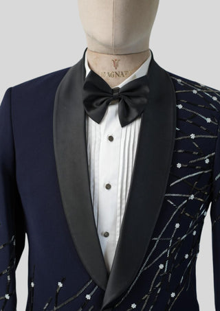 Men’s Blue Embroidered Tuxedo Blazer with Black Satin Lapel Wedding & Evening Wear