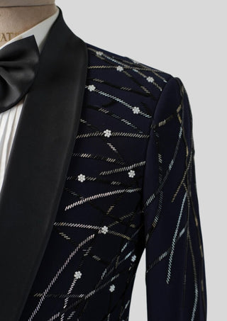 Men’s Blue Embroidered Tuxedo Blazer with Black Satin Lapel Wedding & Evening Wear