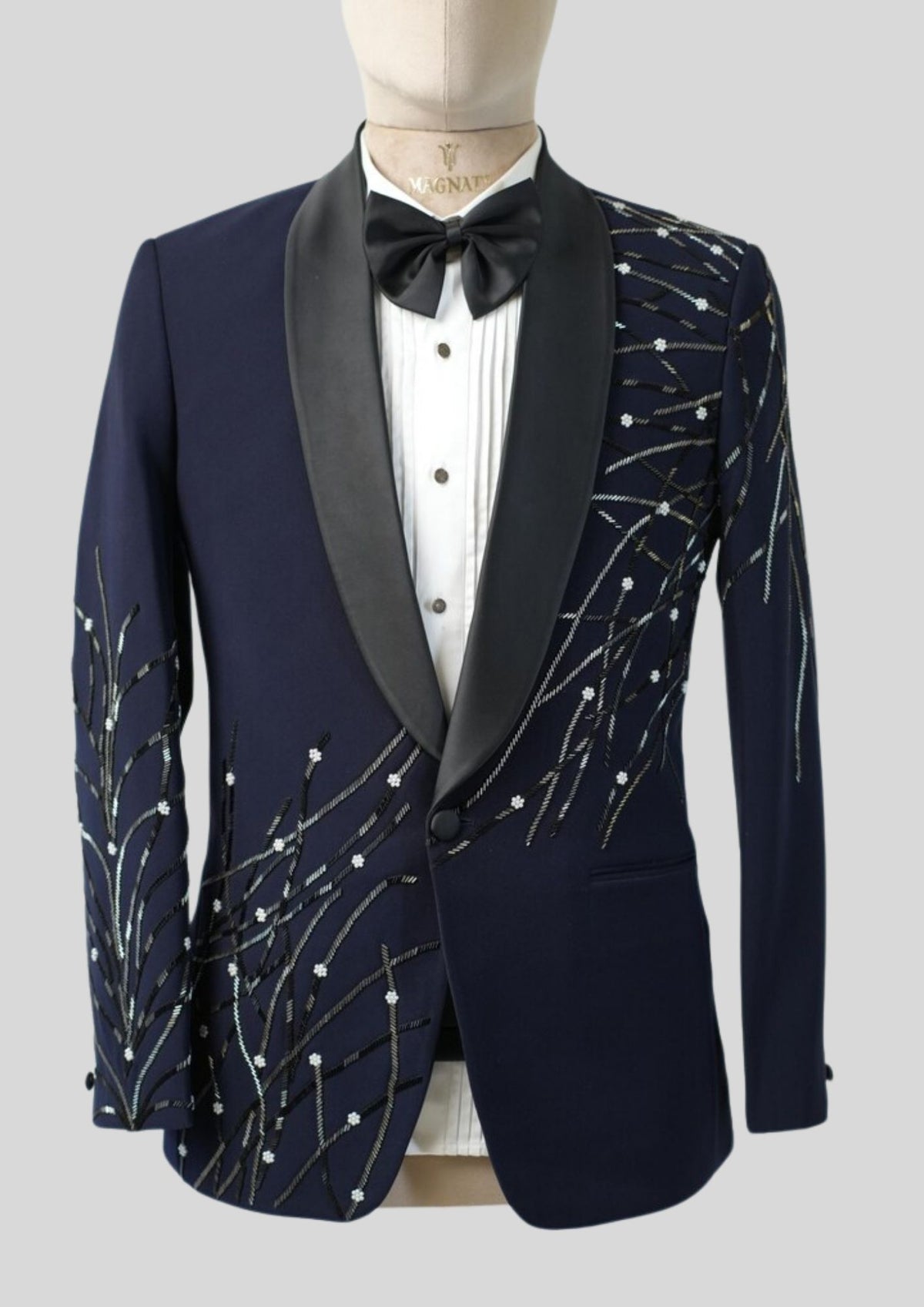Men’s Blue Embroidered Tuxedo Blazer with Black Satin Lapel Wedding & Evening Wear