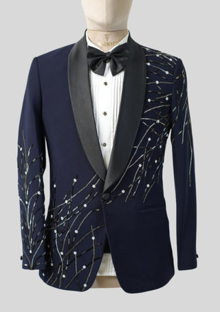 Men’s Blue Embroidered Tuxedo Blazer with Black Satin Lapel Wedding & Evening Wear