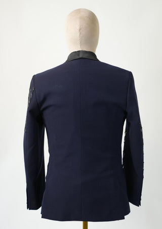 Men’s Blue Embroidered Tuxedo Blazer with Black Satin Lapel Wedding & Evening Wear
