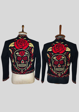 Men Black Mariachi 3Pc Skull Embroidered Mexican Groom Suit