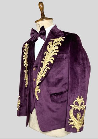 Men’s Purple Velvet Rococo 4 Piece Suit with Cape – Gold Embroidered Blazer, Waistcoat & Plain Pants