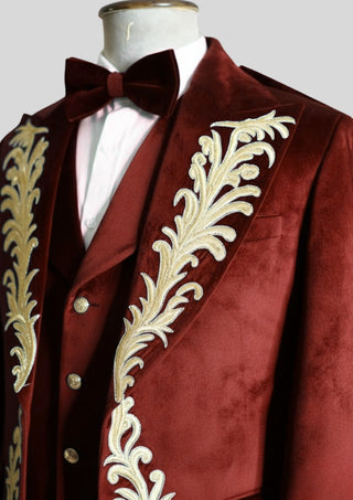 Men;s Maroon Velvet 4 Piece Embroidered Rococo Suit For Carnival Party Outfit