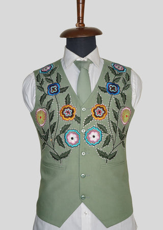 Palm Green Floral Embroidered 3 Piece Men’s Suit Country Western Style with Matching Waistcoat & Tie Western Groom Attire