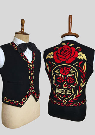 Men Black Mariachi 3Pc Skull Embroidered Mexican Groom Suit