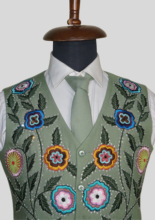 Palm Green Floral Embroidered 3 Piece Men’s Suit Country Western Style with Matching Waistcoat & Tie Western Groom Attire