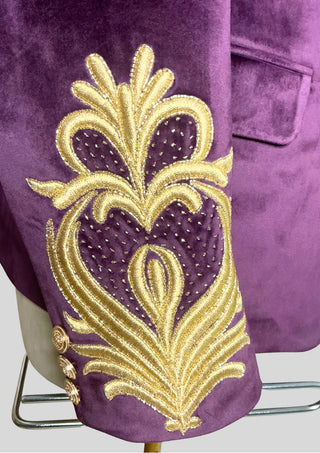 Men’s Purple Velvet Rococo 4 Piece Suit with Cape – Gold Embroidered Blazer, Waistcoat & Plain Pants