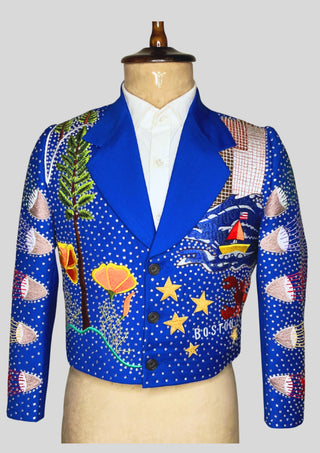 Men’s Blue Cropped Country Western Blazer – Hollywood Embroidered Jacket with Rhinestones, Statement Party Concert Outfit