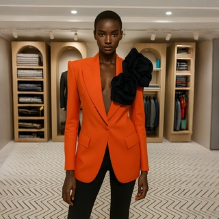 Bespoke Flame Orange Blazer with Oversized Sculptural Roses