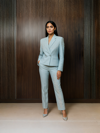 Moonlit Mist – Bespoke Powder Blue Embroidered Suit